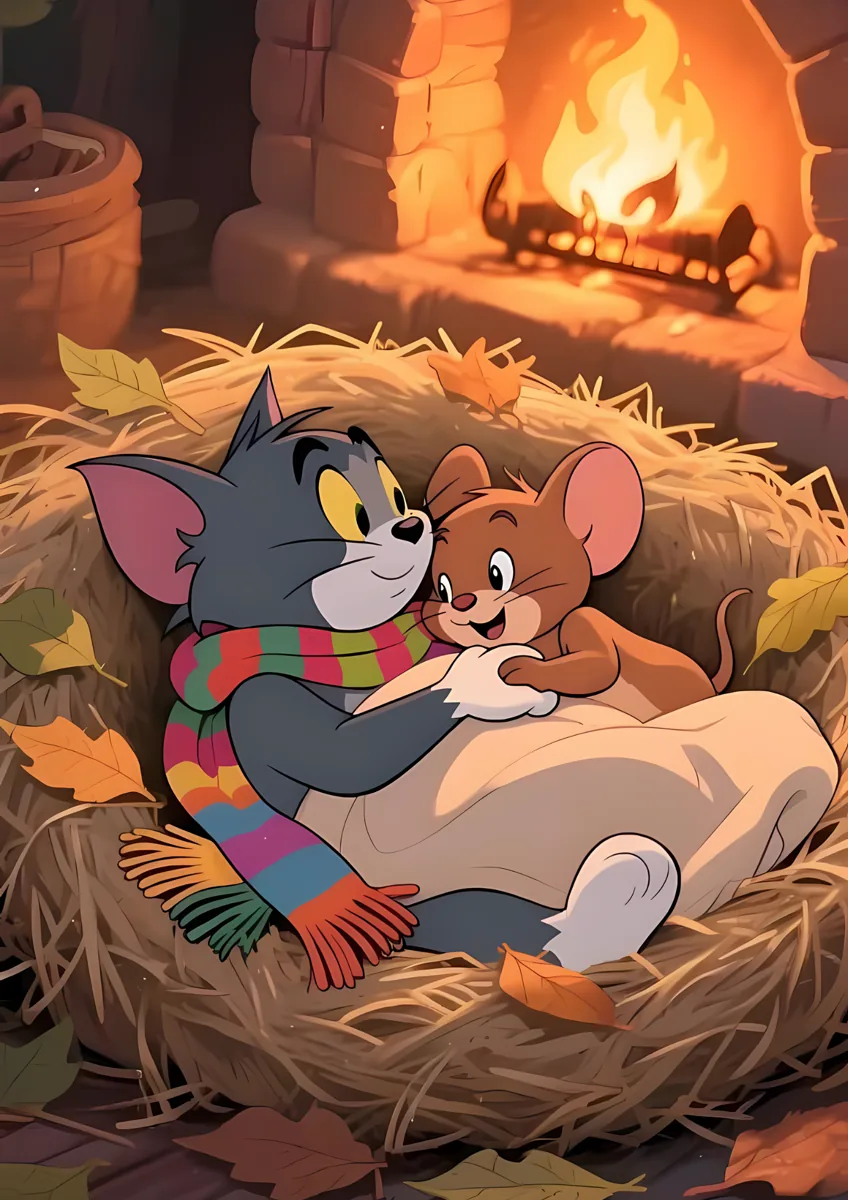 Tom And Jerry Cuddling Fireplace Poster