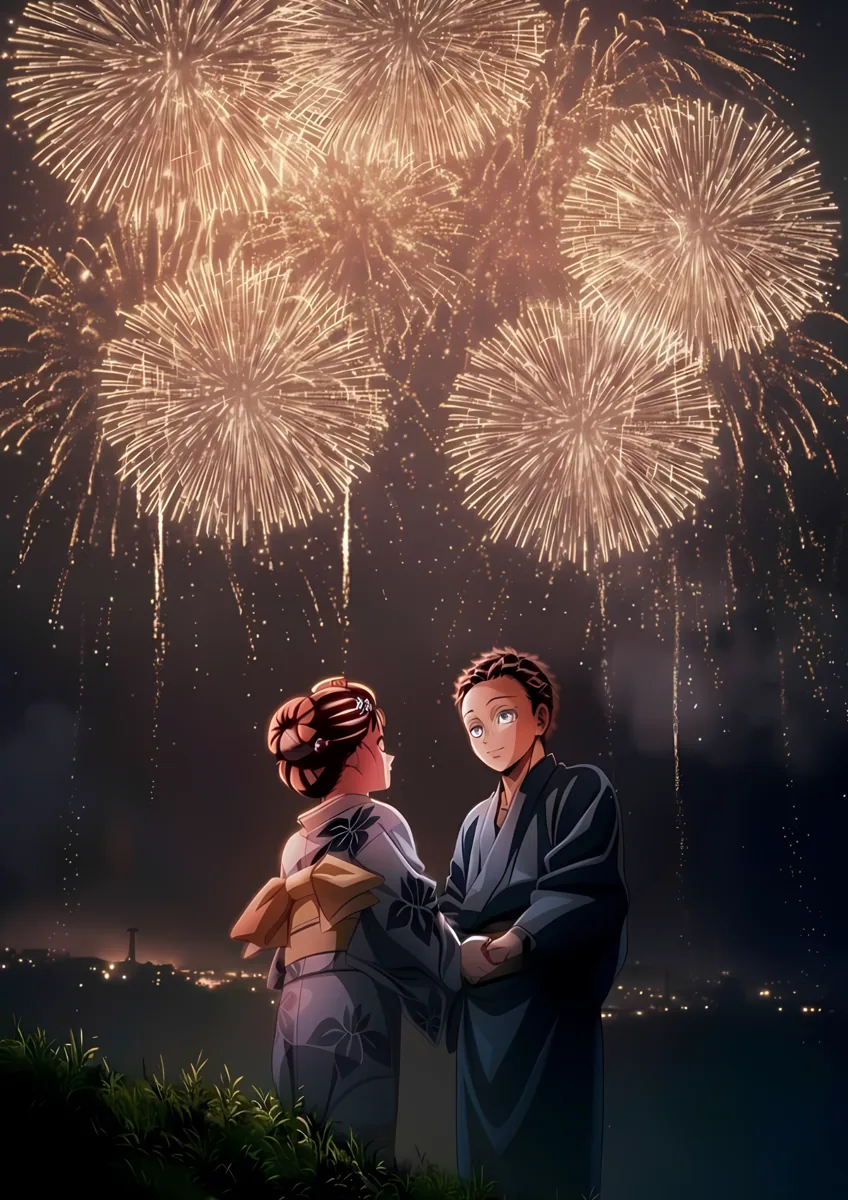Hakuji And Koyuki Fireworks Romantic Poster