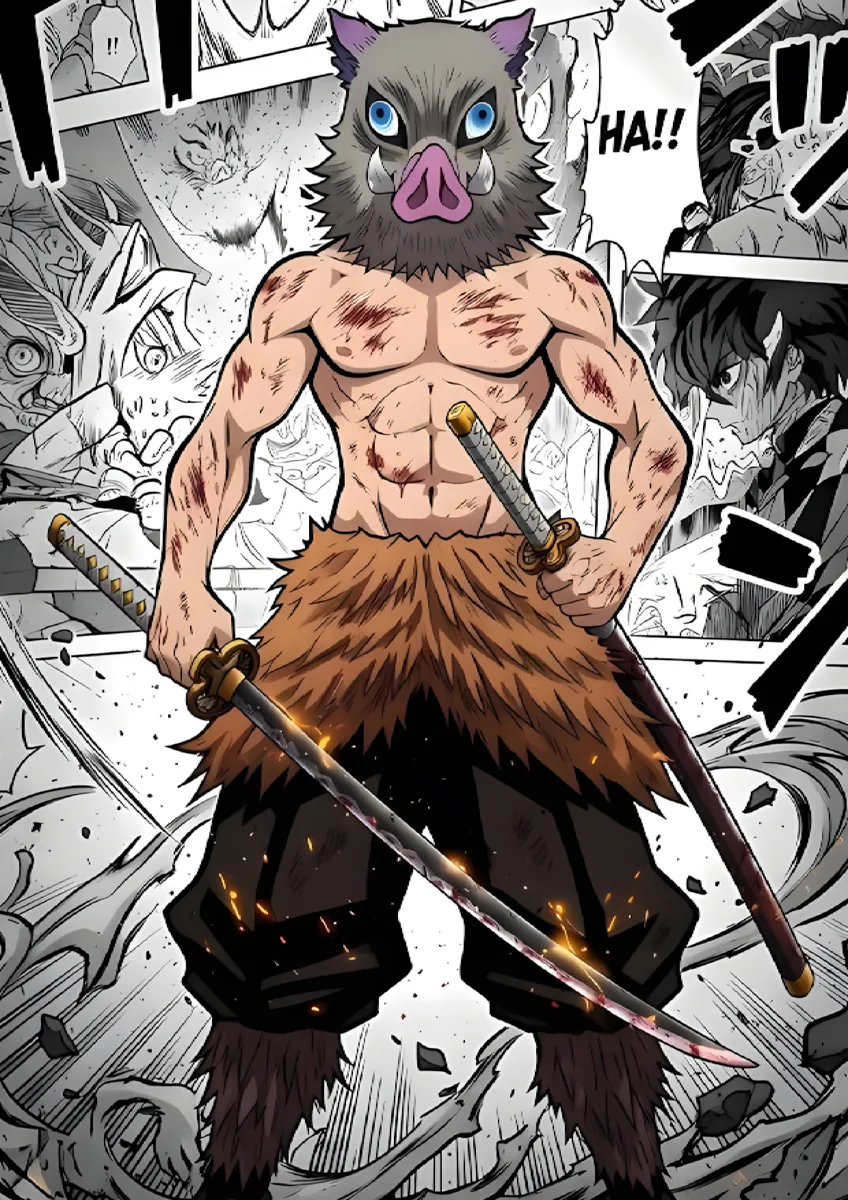 Inosuke Hashibira Boar Mask Dual Katanas Poster