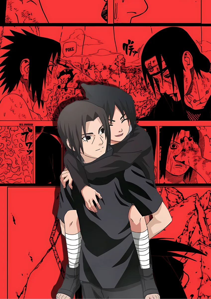 Itachi And Sasuke Piggyback Red Manga Poster