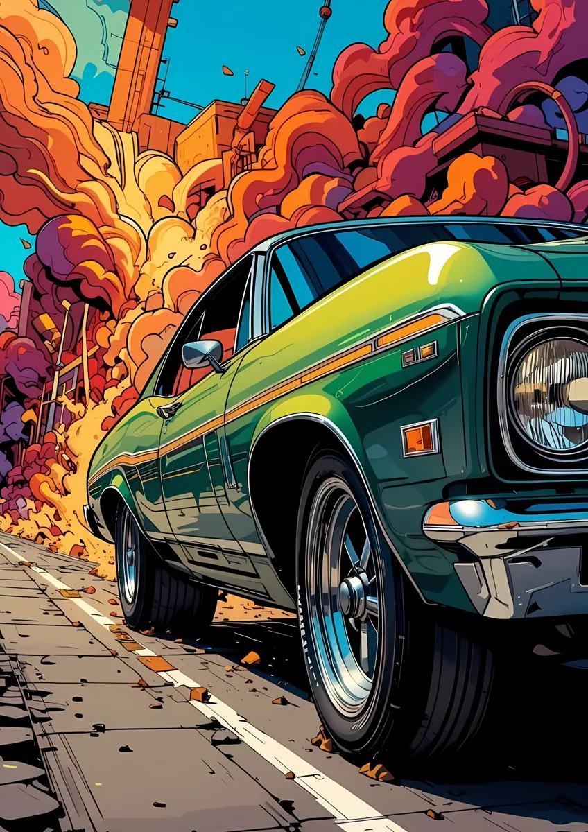 Classic Green Muscle Car Explosion Art Poster