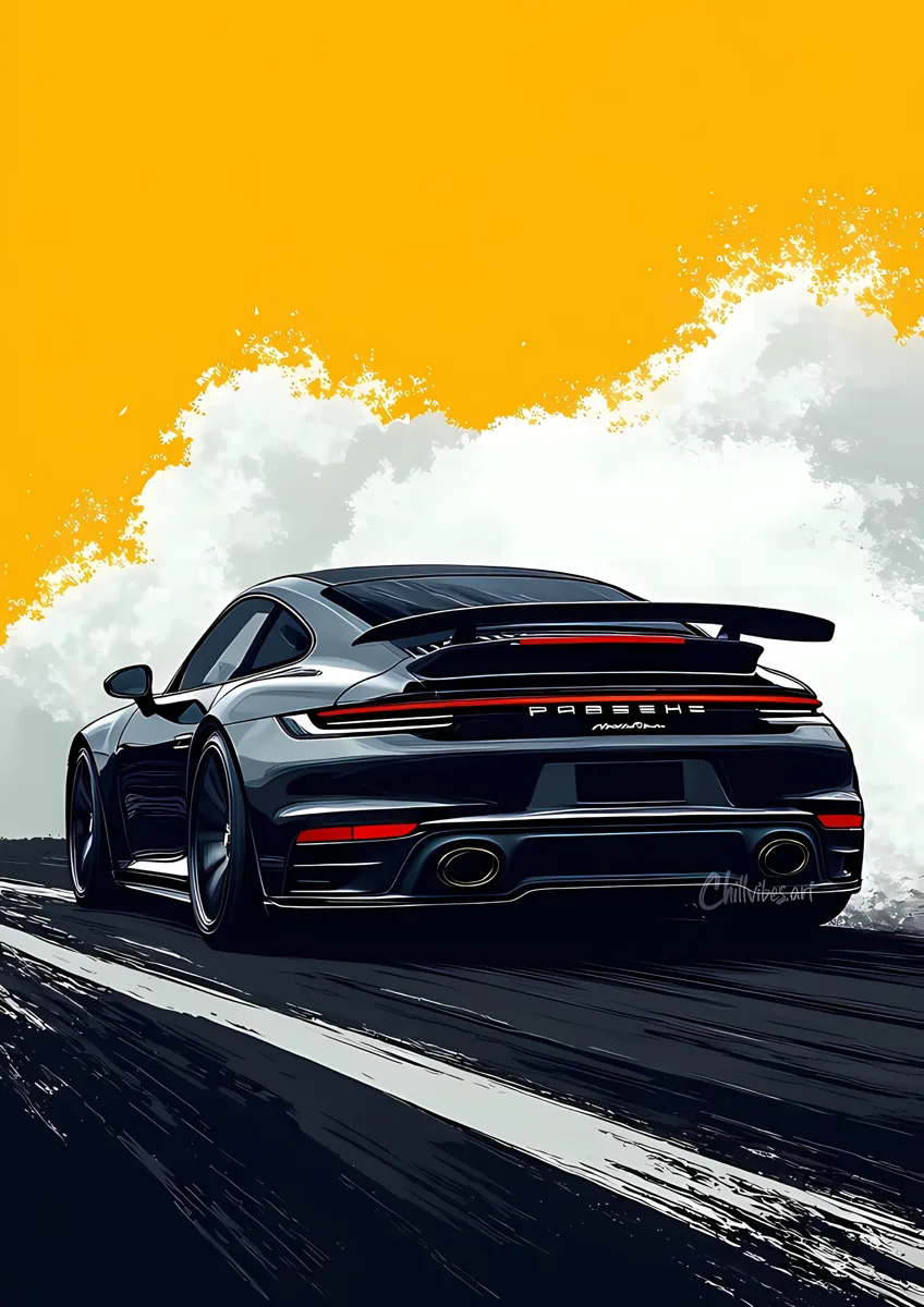 Porsche 911 Dark Yellow Splash Art Poster