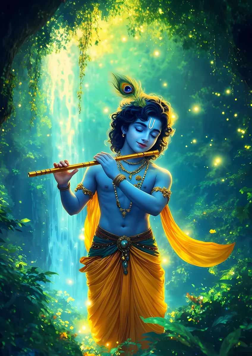 Young Krishna Waterfall Poster