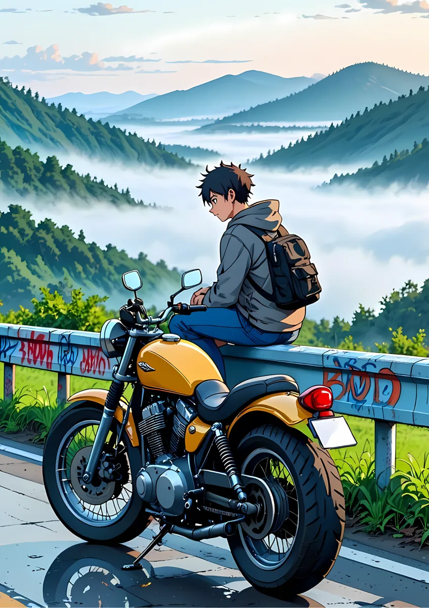 Anime Boy Yellow Motorcycle Foggy Mountains Poster