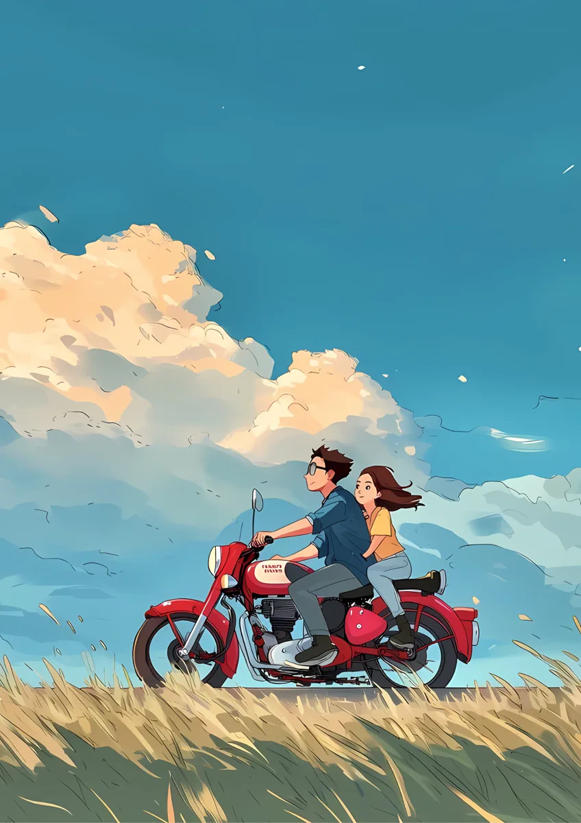 Anime Couple Riding Red Motorcycle Poster
