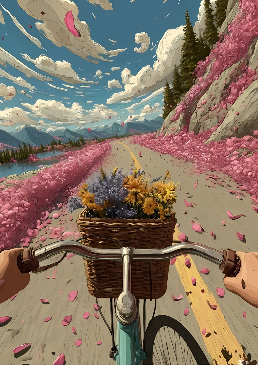 Bicycle Ride Pink Cherry Blossom Road Poster