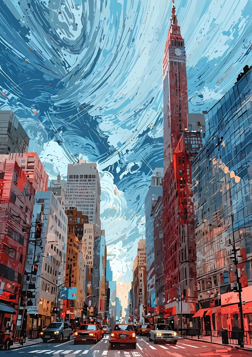 Busy City Street Clock Tower Artistic Sky Poster