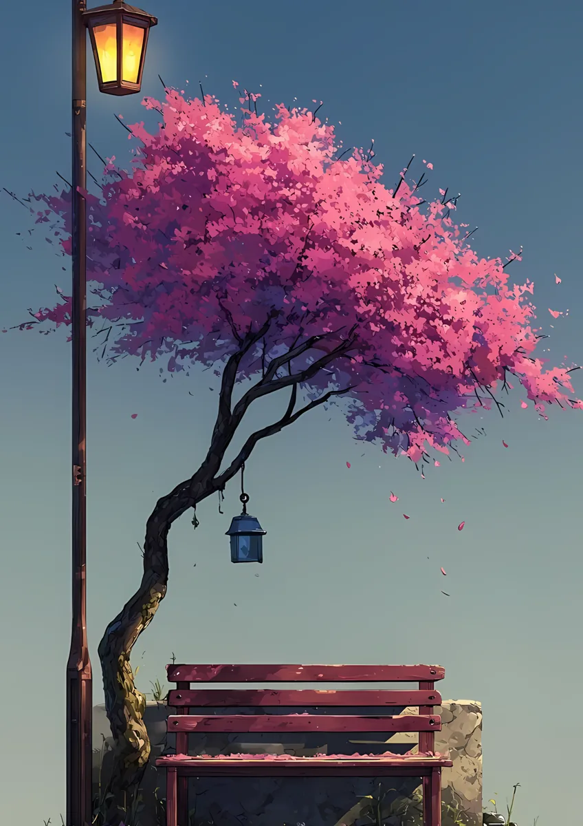 Cherry Blossom Tree Park Bench Lantern Poster