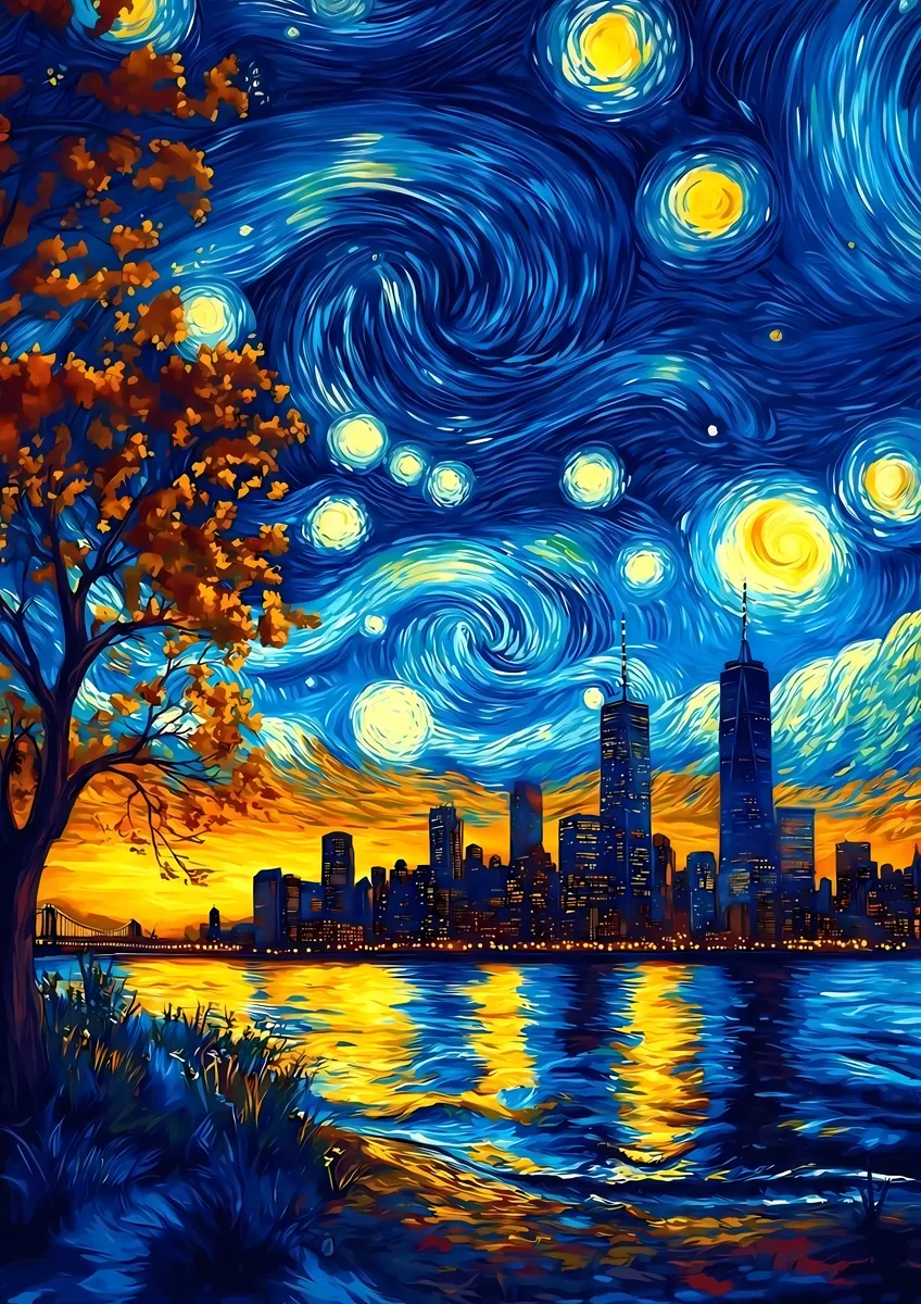 City Skyline Sunset Swirling Starry Sky Poster