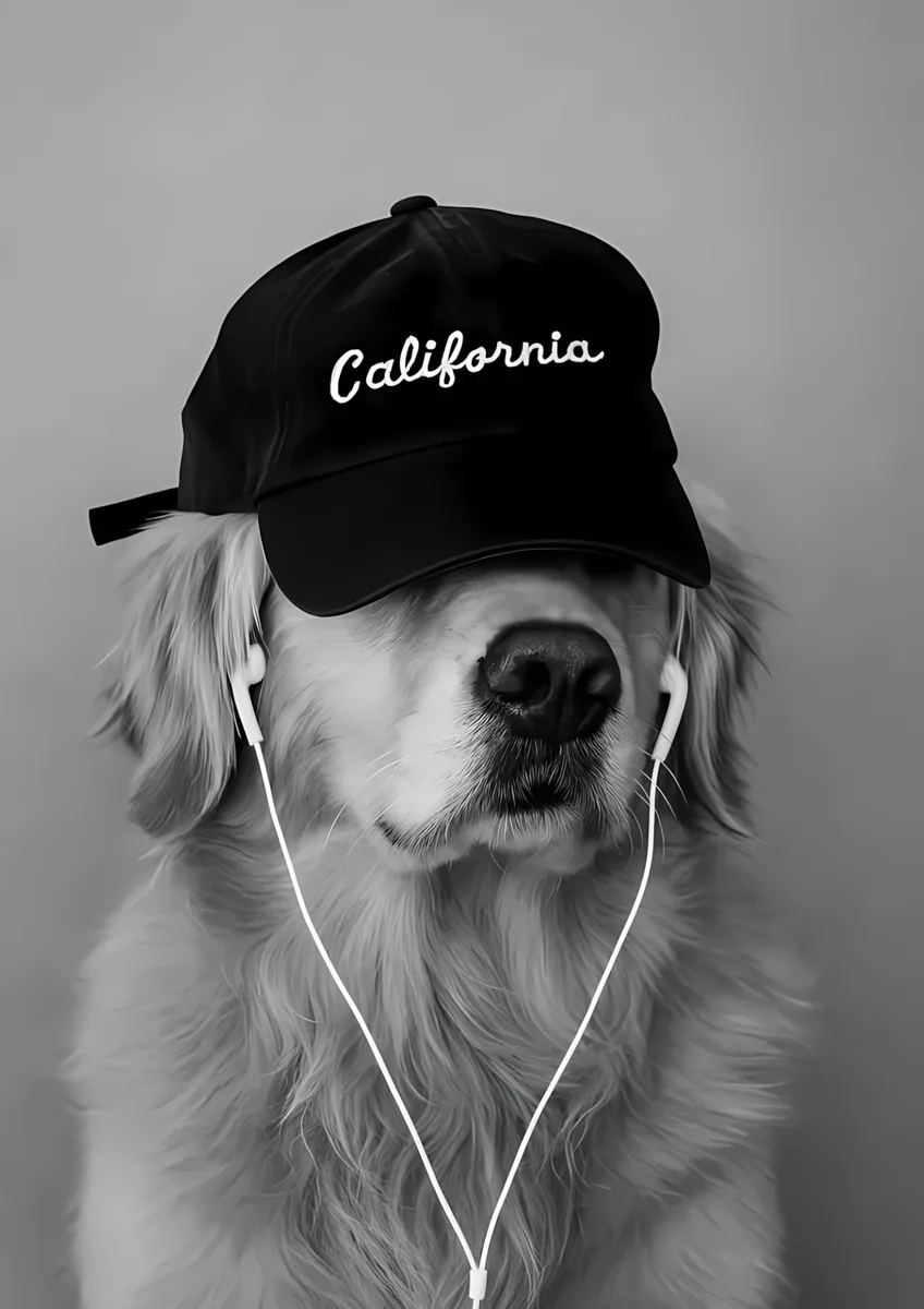 Dog California Cap Headphones Monochrome Poster