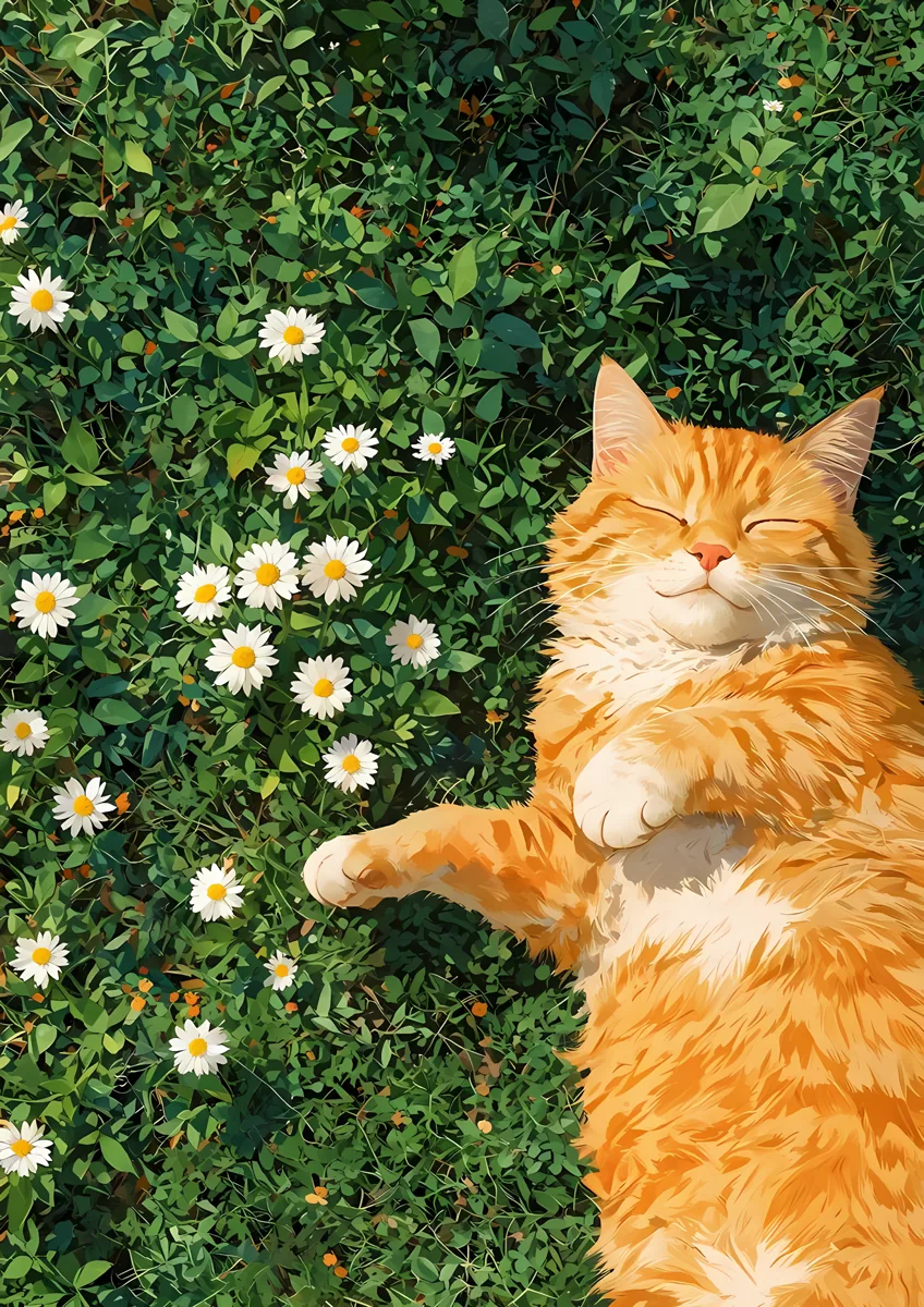 Ginger Cat Sleeping In Daisy Grass Poster