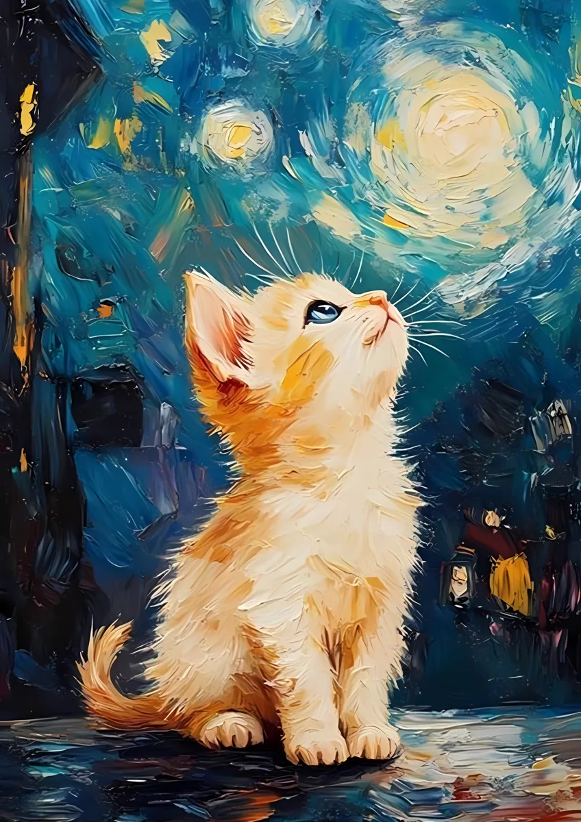 Ginger Kitten Swirling Starry Night Poster