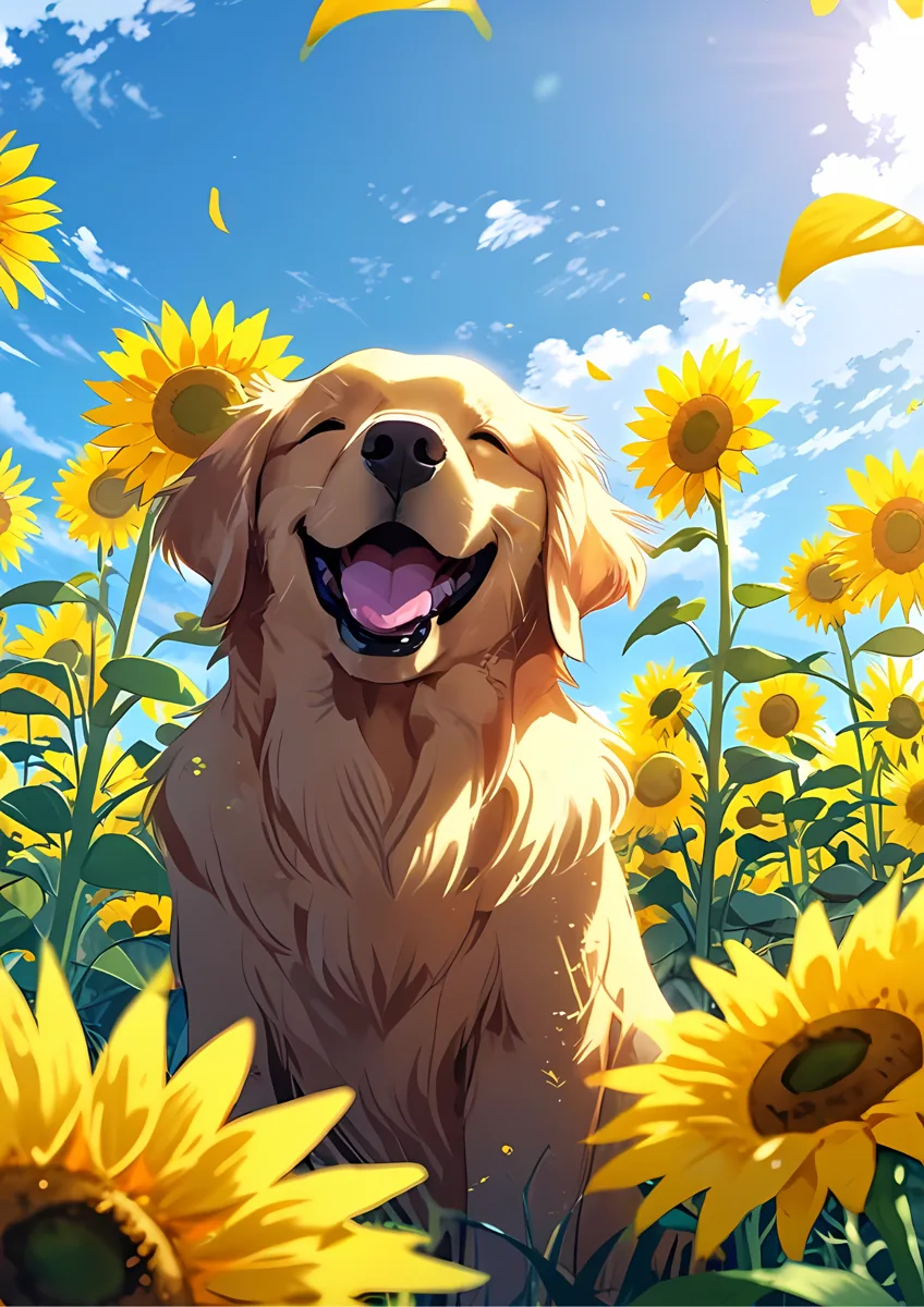 Happy Golden Retriever Sunflower Field Poster