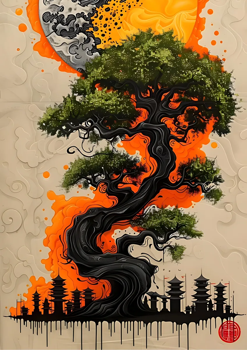 Japanese Bonsai Tree Pagoda Sunset Poster