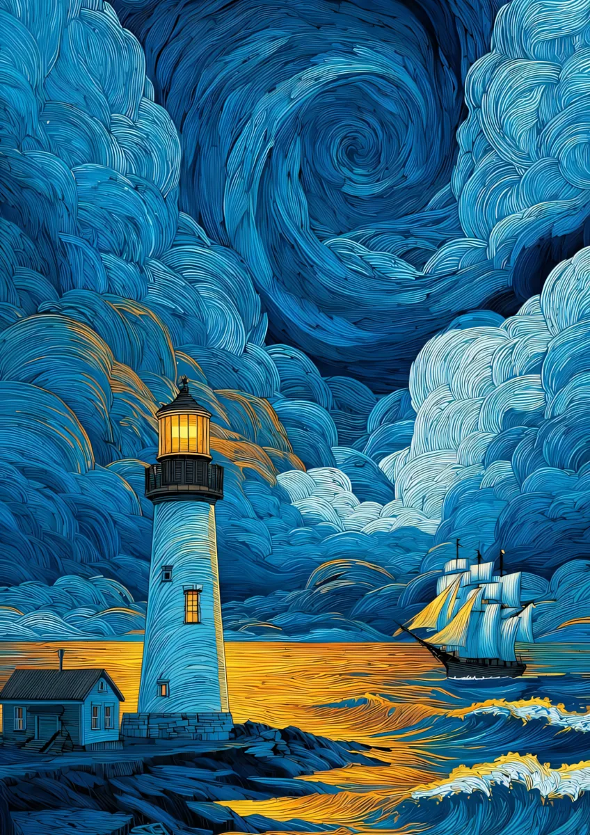 Lighthouse Sailboat Swirling Sky Van Gogh Poster