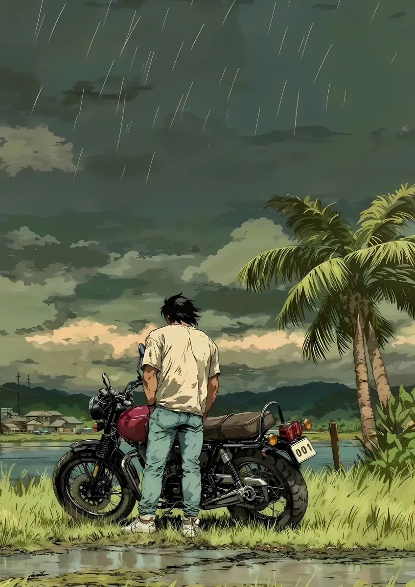 Man Motorcycle Rainy Palm Trees Poster