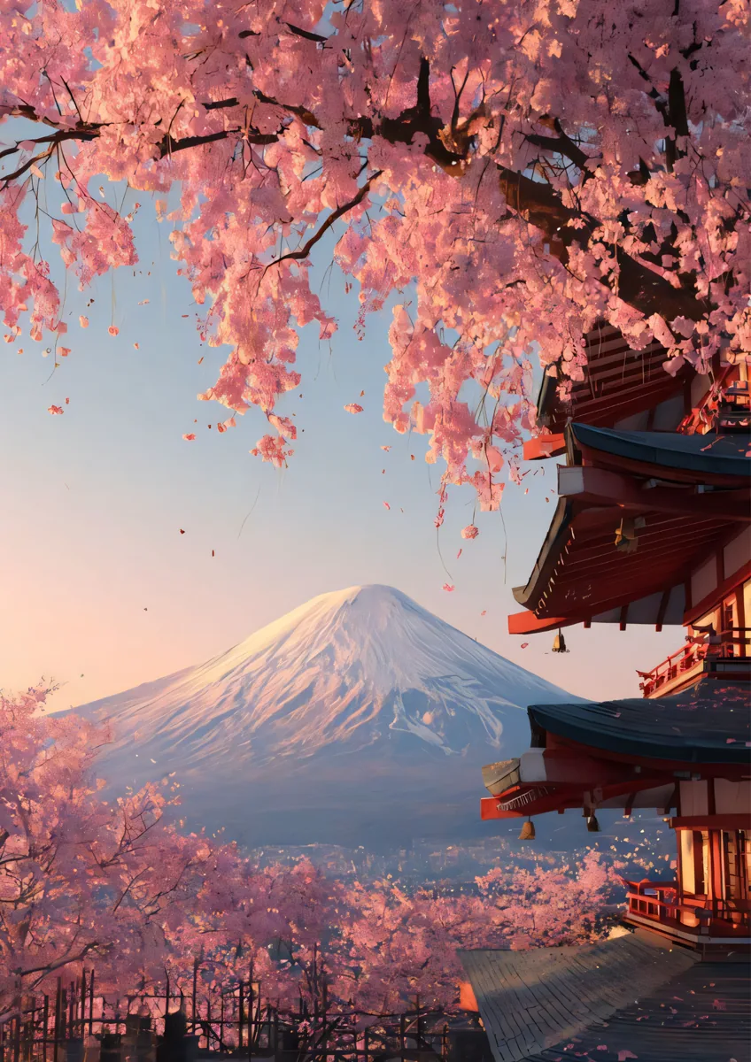 Mount Fuji Cherry Blossoms Japanese Pagoda Poster