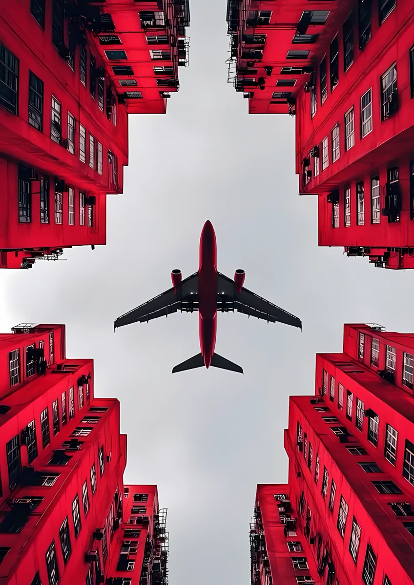 Red Airplane Buildings Van Gogh Style Poster