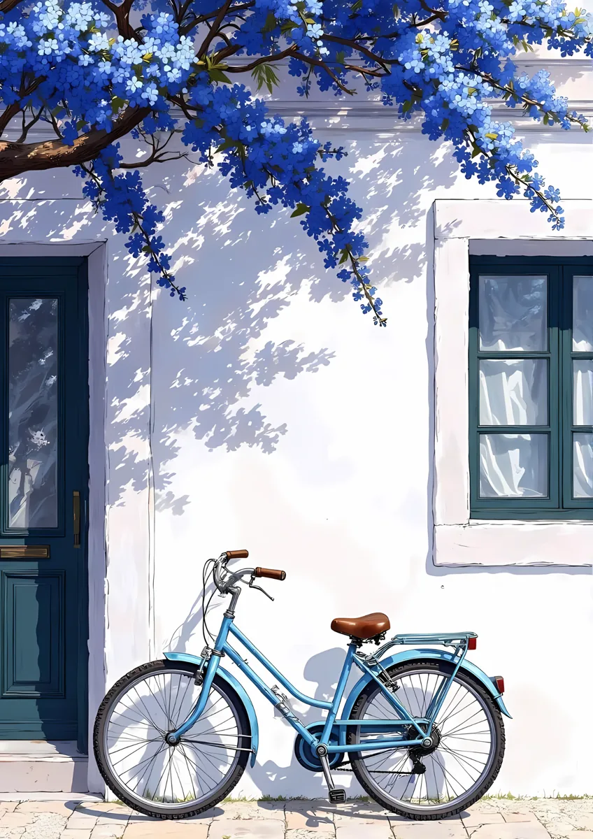 Vintage Blue Bicycle Mediterranean Wall Poster