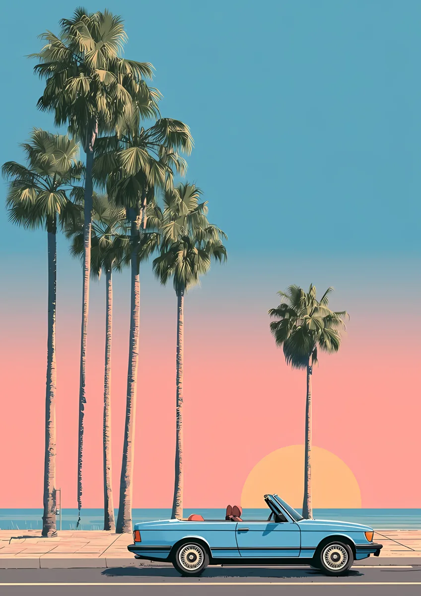 Vintage Blue Convertible Palm Trees Sunset Poster