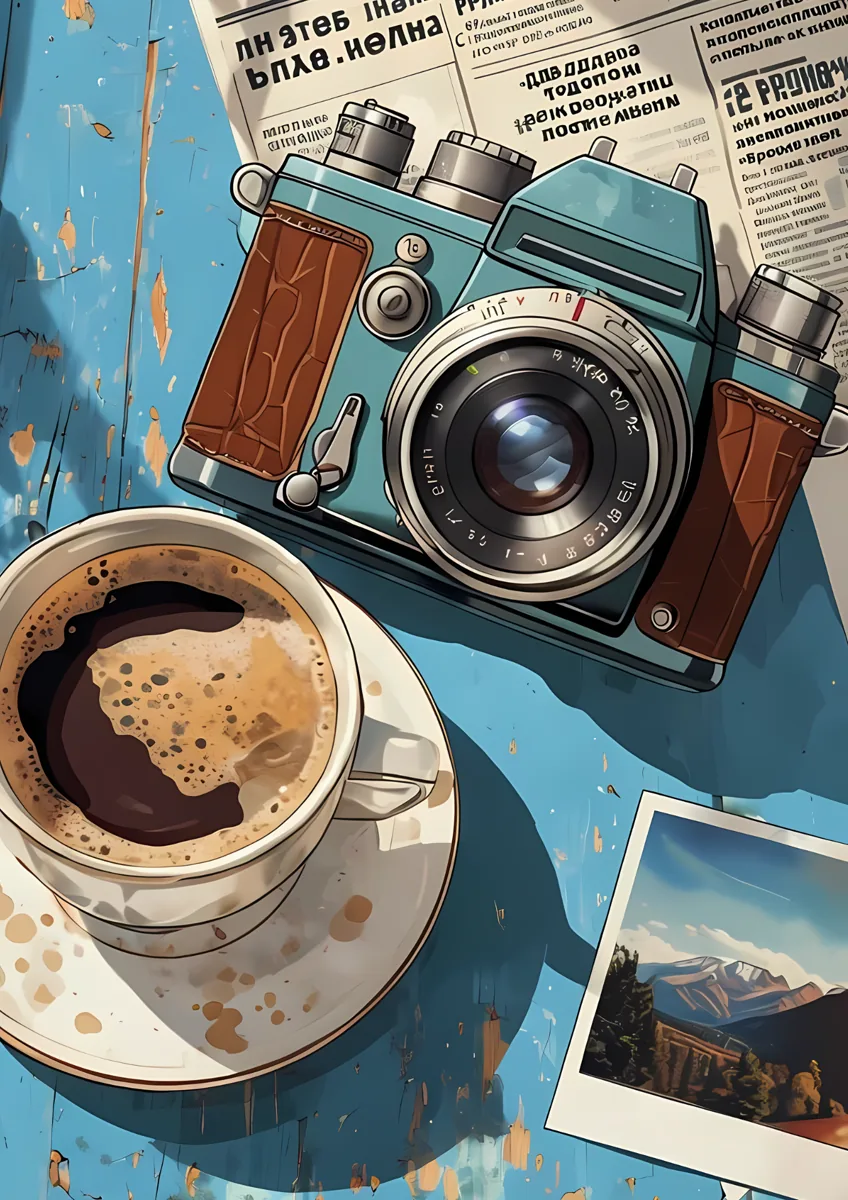 Vintage Camera Coffee Cup Flatlay Poster