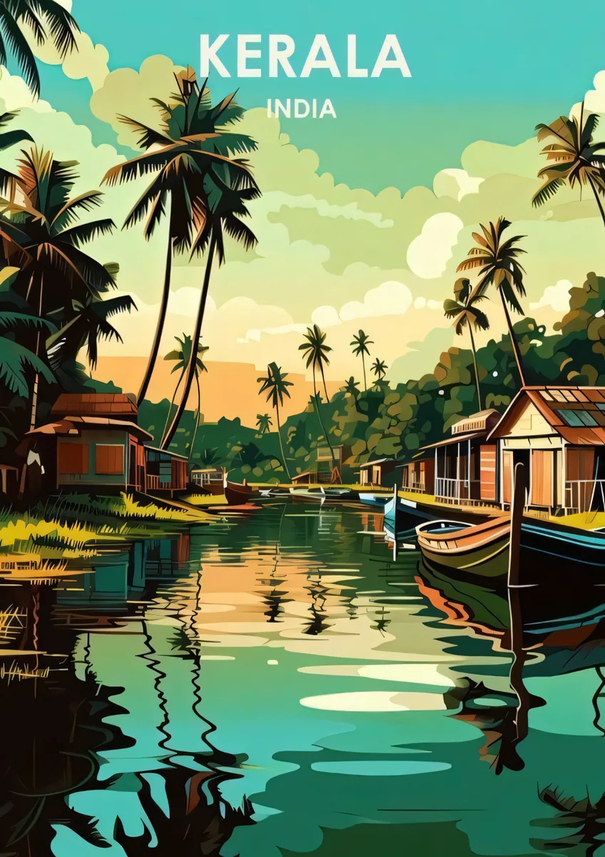 Vintage Kerala Backwaters India Travel Poster