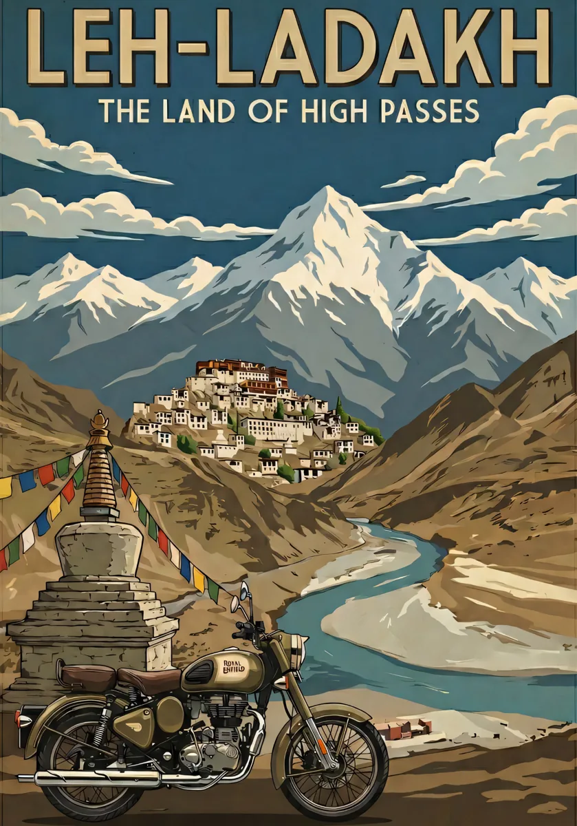 Vintage Leh Ladakh Motorcycle Travel Poster