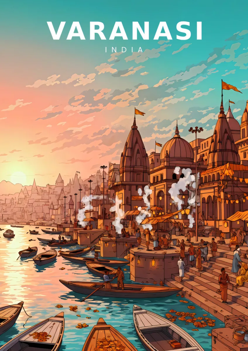 Vintage Varanasi India River Ghats Sunset Poster
