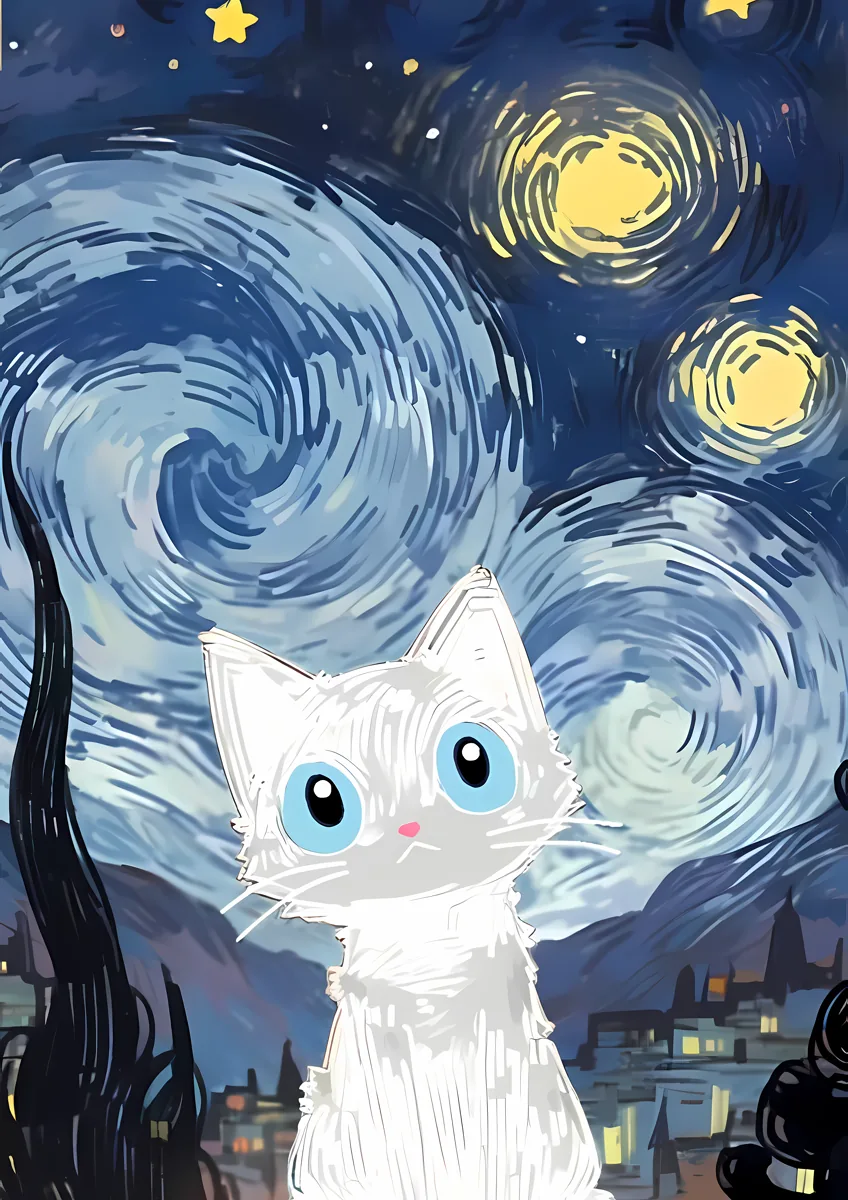 White Cat Starry Night Sky Van Gogh Poster