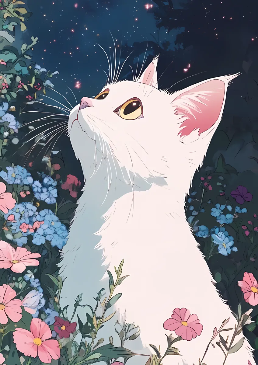 White Cat Wildflowers Starry Night Poster