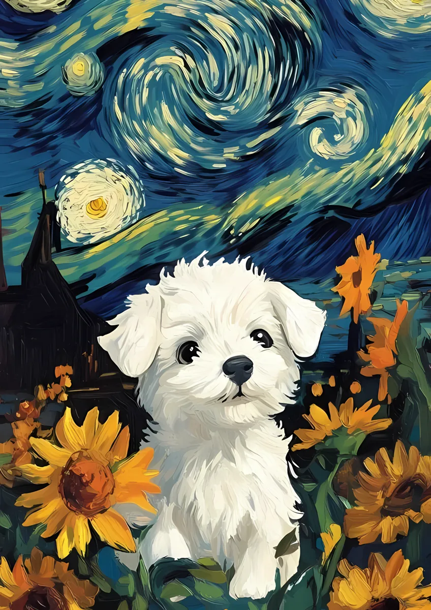 White Puppy Sunflowers Starry Night Van Gogh Poster