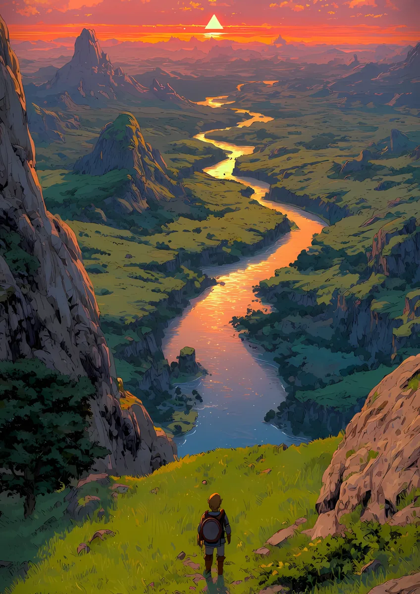 Zelda Link Vast Valley Sunset Triforce Poster