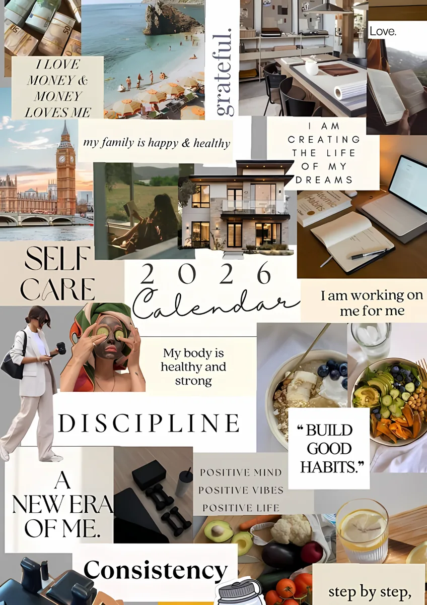 2026 Calendar Self Care Habit Tracker Vision Board Poster
