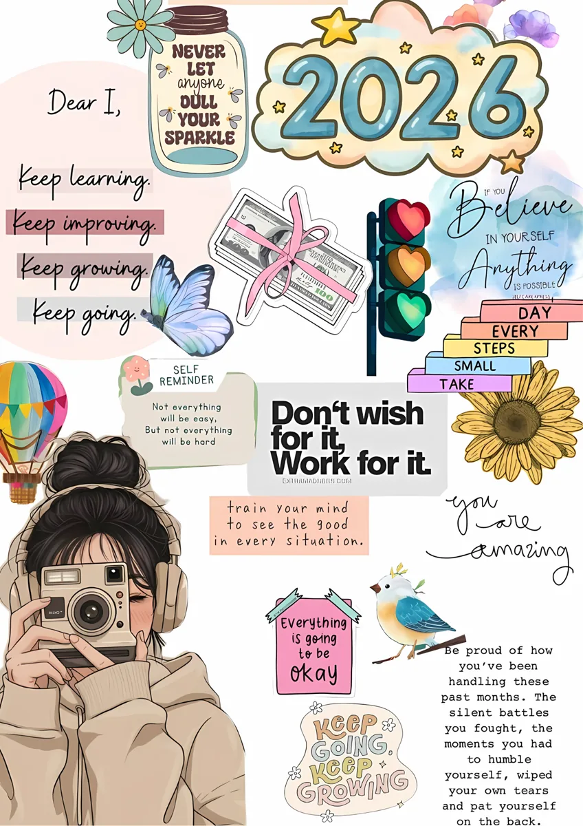 Aesthetic 2026 Vision Board Motivation Stickers Poster