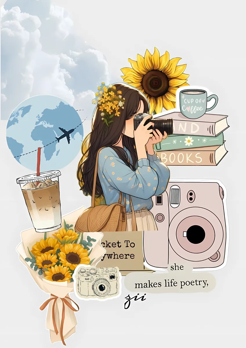 Girl With Camera Books Sunflowers Aesthetic Vision Board Poster