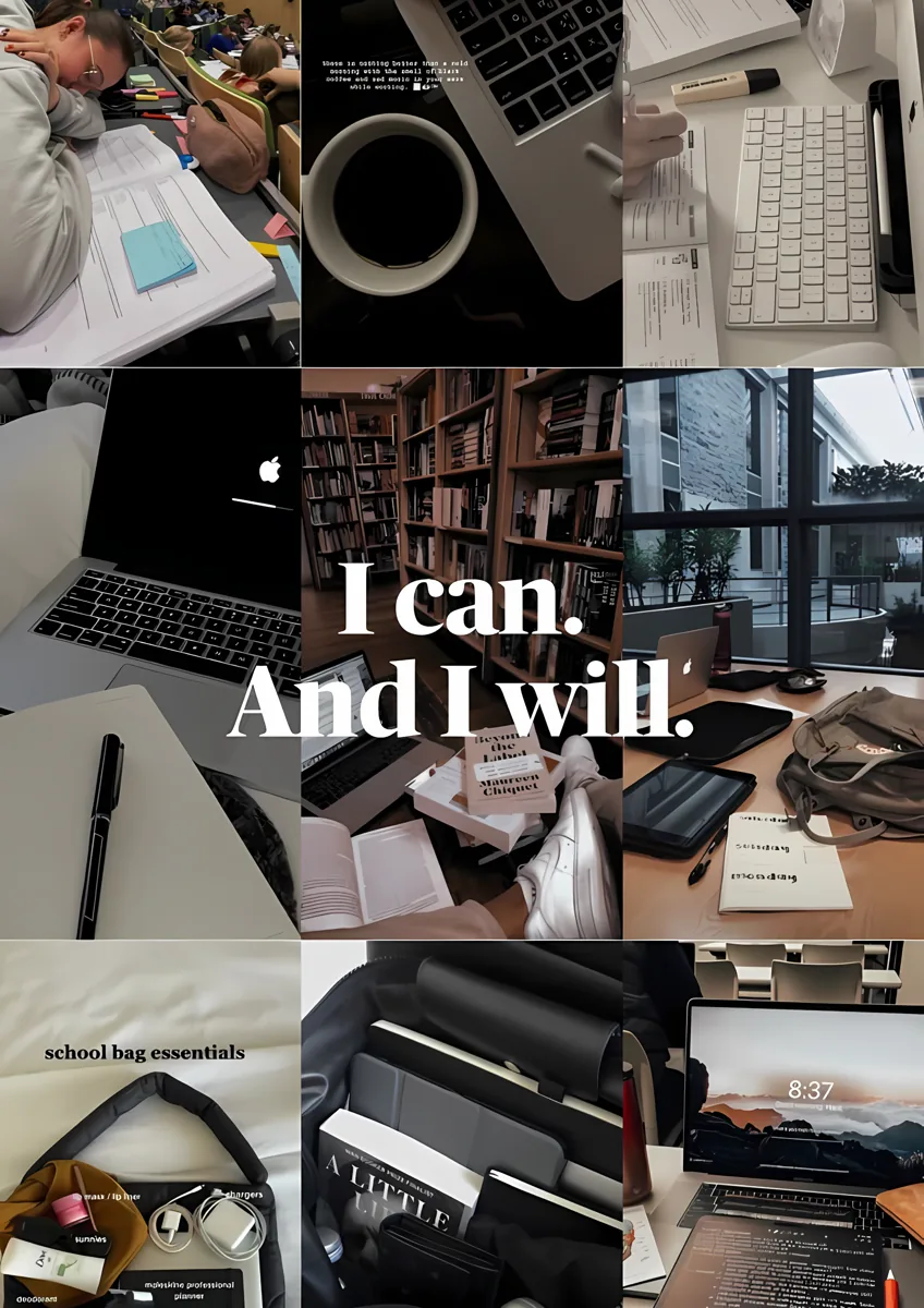 Study Hard Library Laptop Aesthetic Collage Poster
